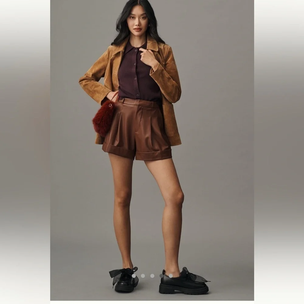 NWT new 12 Anthropologie Maeve faux leather cuffed shorts chocolate brown